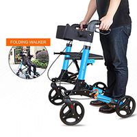 Ultra Lightweight Folding Rollator Walker with Seat | Transport Chair Dual Safety Brake Adjustable Height 4 Wheels Mobility Aids with Cane/Umbrella Holder & Removable Storage Bag,Blue