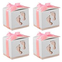 50 PCS Cute Baby Footprint Wedding Party Candy Confetti Gift Favor Box Holder with Ribbon Satin Pink