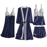 TIFENNY 4PC Sets Pajamas for Women Satin Lace Camisole Bowknot Shorts Nightdress Robe Pajamas Lingerie Sleepdress