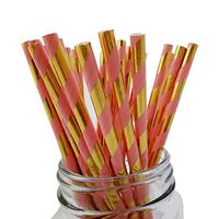 IPALMAY Coral and Foil Gold Stripes Paper Straws for Birthday, Wedding and Party, Pack of 100