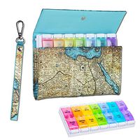 QIELIZI Pill Organizer with Lanyard,Large AM PM Medicine Pill Case 7 Day Travel Pills Box Daily Vitamin Container Fish Oil Holder -PU Leather Case to Protect Light Deterioration（Vintage Map）