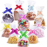 100PCS Clear Cellophane Treat Bags 8" X 12" Clear Resealable Flat Cello Bags Sweet Party Gift Bags OPP Plastic Bag with 100PCS Mix Colors Ribbons Bows for Bakery, Popcorn, Cookies, Candies, Dessert