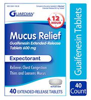 Guardian Mucus ER 12 Hour Extended Release Guaifenesin, 40ct 600mg, Chest Congestion Expectorant Tablets (40 Count Box)