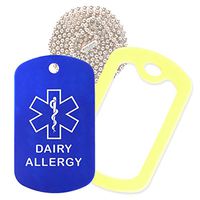 Dairy Allergy Medical Alert ID Necklace with Blue Tag, Yellow Silencer, and 30'' USA Chain - 154 Color Choices