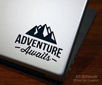 Adventure Awaits with Mountains Decal - Laptop Decal, Tablet Decal (4 inches wide, Custom Color)