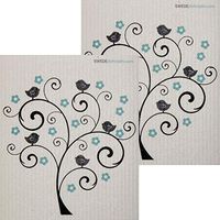 Bird and Flower Tree Set of 2 Each Swedish Dishcloths | ECO Friendly Absorbent Cleaning Cloth | Reusable Cleaning Wipes