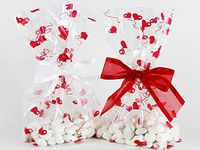 Red & White Hearts Cellophane Treat/Party Favor Bags with Red & White Twist-Tie Organza Bow. Set of 10 Ready-to-Use, Gussetted 11x5x3 Goodie Bags with Bows. Red, White