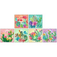 Decorative Matches 6 Square Box Set- Strike Strip on Side of Box- Colored Match Tips- Wooden Matches (Watercolor Cactus)