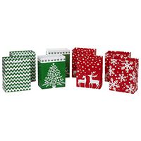 Image Arts 8" Medium Holiday Gift Bag Bundle, Reindeer, Snowflakes (Pack of 8; Red, Green, White)
