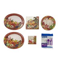 DuraCasa Thanksgiving Plates - Service For 16 - Thanksgiving Paper Plates - Includes Oval Dinner Plates, Dessert Plates, Dessert Napkins, Dinner Napkins, and 48 pc Cutlery Set Cornucopia Harvest Theme