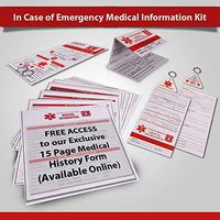 In Case of Emergency Contact Cards with Medical Alert, Two Premium Tri-Fold Wallet Cards, Two Key Fobs, I.C.E. ID Emergency Contacts, Allergies, Medical Information, Doctors. Plus printable forms!