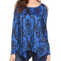 FRCOLT Blouse, Women Casual Cold Shoulder Long Sleeve Pattern Print Shirt Tunic Tops (M, Dark Blue)