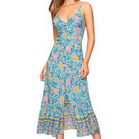 Women Floral Printed Dress Sexy V-Neck Camisole Long Dress Hollow Out Sundress Maxi Split Beach Dresses (Light Blue, S)