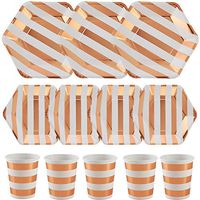 ALINK 150PCS Biodegradable Rose Gold Striped Disposable Paper Plates Cups Set, 50 Dinner Plates, 50 Salad Plates,50 Paper Cups for Birthday Party, Wedding, Thanksgiving, Christmas, Bridal/Baby Shower