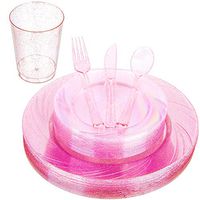 150 pcs Plastic Dinnerware Set - See Through Clear Rose Gold Glitter Disposable Tableware for 25 guests, 25 Dinner Plates, 25 Dessert/Salad Plates, 25 Spoons, Forks, Knives, and 10oz Plastic Cups