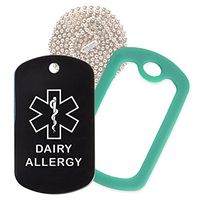 Dairy Allergy Medical Alert ID Necklace with Black Tag, Green Dark Silencer, and 30'' USA Chain - 154 Color Choices