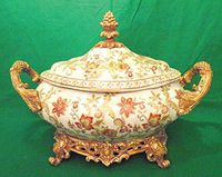 Old World Flowered Porcelain 17" Oblong Bowl with Cover - Elite Pattern