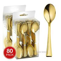 Majestic Settings Mini Collection Disposable Plastic Mini Spoons, Gold Plastic Tasting Spoons, 80 Count, 4 inch Spoons, Great for Desserts, Sampling, or Appetizers