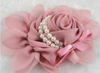 3pcs Big Chiffon Rose Flower Pearls Headband-Wedding Appliques U Pick (Han Powder)