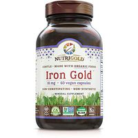 Nutrigold Organic Gentle Iron Supplement for Women & Men, Plant-Based, Whole-Food, Non-Constipating, Highly Bioavailable, Non-GMO, 18 Mg, 60 Vegan Capsules