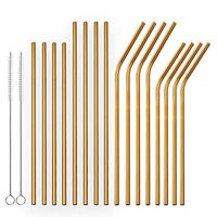 Berglander Reusable Titanium Plated Stainless Steel Golden Drinking Straws Straight and Bent Metal Straws with Brushes for Milkshakes, Frozen Drinks, Smoothies, Bubble Tea, Set of 18