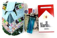 Lady's Cigarette Case Handmade Fully Beaded Pouch with Detachable Chain Fit 100's Hard or Soft Pack - Lt. BLUE