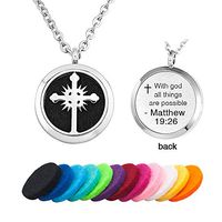Korliya with God All Things are Possible Aromatherapy Essential Oil Diffuser Necklace Pendant Locket Jewelry Stainless Steel Perfume Necklace with Chain Pads (Cross 2)