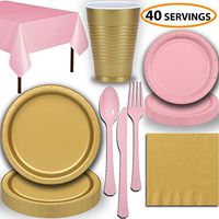 Disposable Party Supplies, Serves 40 - Gold and Light Pink - Large and Small Paper Plates, 12 oz Plastic Cups, Heavyweight Cutlery, Napkins, and Tablecloths. Full Two-Tone Tableware Set