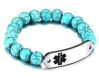 JF.JEWELRY Free Engraving Medical Alert ID Bracelet for Women and Men with Imitation Turquoise Beaded Stretch Link