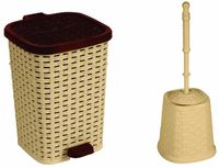 Superio Rattan (Wicker Style) Bathroom Set Toilet Brush and 6 Liter Compact Trash Bin (Beige and Brown)
