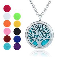 Essential Oil Diffuser Necklace, GerTong Hypo-Allergenic Premium 316L Stainless Steel Aromatherapy Diffuser Locket Pendant Set with 11 Color Refill Pads (Tree)