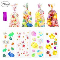 Cosweet 160 Pieces Clear Easter Cellphone Bags with Ribbon-Rabbit Carrot Eggs Printed Cellophane Bag for Candy Goody Treat Gifts