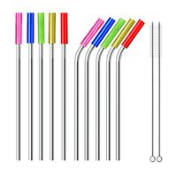 Set of 10 Reusable Drinking Straws 9.5'', Extra Wide 8mm Stainless Steel Straws with 2 Brushes and Carry Bag, ECO-Friendly Boba Metal Straws with Silicon Tips for Smoothie Bubble Tea Milkshake