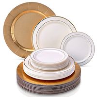 MODERN ELEGANT DISPOSABLE 60 PC DINNERWARE SET | Heavy Duty Plastic Dishes | 20 Chargers | 20 Dinner Plates | 20 Salad Plates | for Upscale Wedding and Dining | Silver Glare Collection (Ivory/Gold)