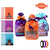 CAKKA Halloween Candy Bags Bulk, 150PCS Halloween Treat Bags with 3 Rolls Riband - Plastic, 3 Patterns, Durable - Halloween Trick or Treat Bags for Holding Candy Biscuit Goody Snack