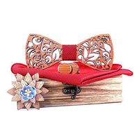 Meidexian888 Classic Handmade Mens Customized Solid Wood Bow Tie Creative Wedding Wooden Hollow Carved with Box Set (Red)