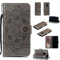 Cfrau Wallet Case with Black Stylus for Samsung Galaxy S9 Plus,Beautiful Mandala Sunflower Embossed PU Leather Magnetic Flip Stand Soft Silicone Card Slots Case with Wrist Strap - Gray