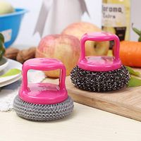 2 Pack Sponges with Plastic Handle for Kitchens - Stainless Steel Scourer Scrub Pad with Plastic Handle - Plastic Dish Non-Scratch Scouring Pads for Non-Stick Cookware Scourer, Pink
