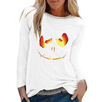 ANJUNIE Womens Halloween Print Shirts O-Neck Long Sleeve Top Loose T-Shirt Blouse(1-White,S)