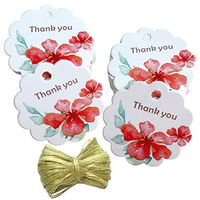 100Pcs Floral Thank You Gift Tags with 100 Feet Gold String White Paper Gift Tags for Wedding Favors, Baby Shower, Bridal Shower, Birthday Party, DIY Projects (Flower-A)