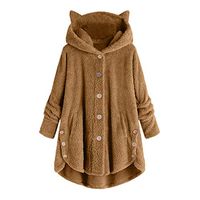 Meikosks Women's Plush Tops Plus Size Loose Sweater Solid Button Coat Cat Ears Hooded Pullover Khaki