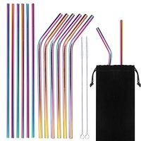 Set of 14 - Stainless Steel Drinking Straws, Eco Friendly 6 mm Metal Bent Straw for Tumbler Yeti or Ozark Trail Ramblers Cups, with 2 Cleaning Brushes - and Cary Bag, Rainbow
