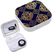 Portable Contact Lens Case Box Travel Kit Mirror + Bottle + Tweezers Container Holder [ Blue Gold Luxury Damask ]