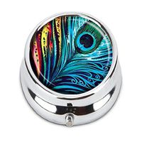 Guojew Peacock Feather Green Custom Fashion Round Pill Box Tablet Holder Pocket Purse Organizer Case Decoration Box