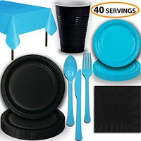 Disposable Party Supplies, Serves 40 - Black and Turquoise - Large and Small Paper Plates, 12 oz Plastic Cups, Heavyweight Cutlery, Napkins, and Tablecloths. Full Two-Tone Tableware Set