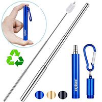 Oojdzoo Telescopic Reusable Straw - (2019) Portable Collapsible Stainless Steel Metal Drinking Straw with Travel Case, Cleaning Brush and Keychain, Blue