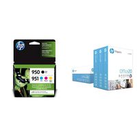 HP 950/951 Black, Cyan, Magenta & Yellow Ink Cartridges, 4 Cartridges & Printer Paper, Office20 Paper, 8.5 x 11 Paper, Letter Size, 92 Bright - 3 Ream / 1,500 Sheets