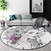 RUGSMAT Floral Modern Machine Washable Round Bath Mat,Portrait of A Beautiful Woman with Flowers On Her Hair and Butterflies Pattern Non-Slip Soft Floor Mat Home Decor,Round-55 Inch