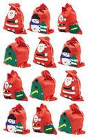 Christmas Santa Sack, 12 Pack, Drawstring Holiday Season Gift, Cute Xmas Canvas Bulk Pack (Assorted Christmas Designs, 10" X 12")
