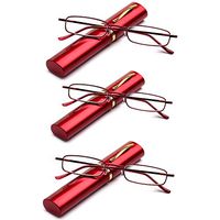 Newbee Fashion -"Pocket" Readers Ultra Compact Spring Temple Reading Glasses w/Portable Pocket Clip Aluminum Case Red +1.00